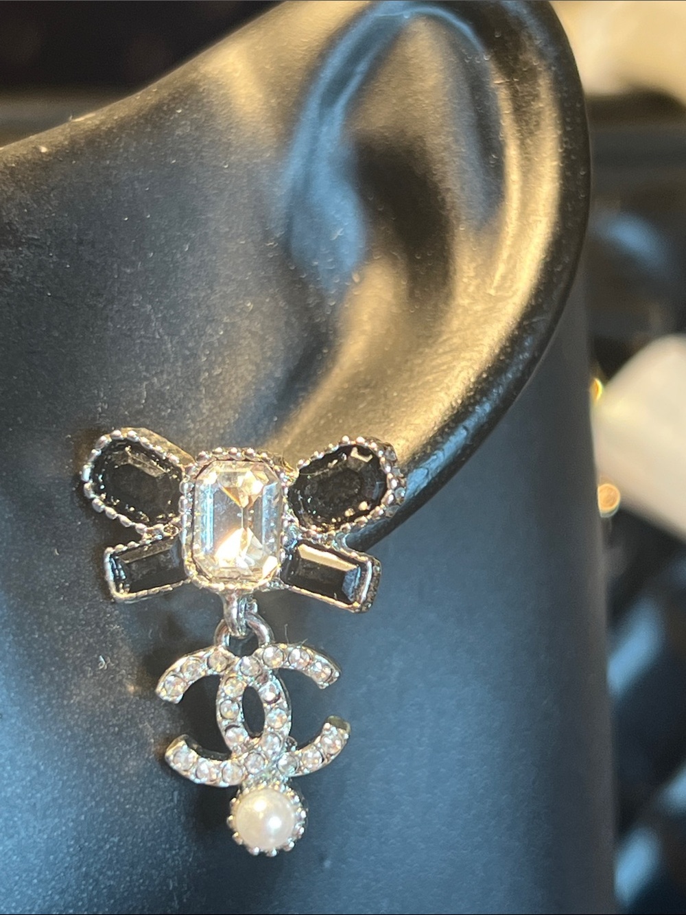 Crystal Bow Drop Earrings with Pearl Charm - Black & Clear